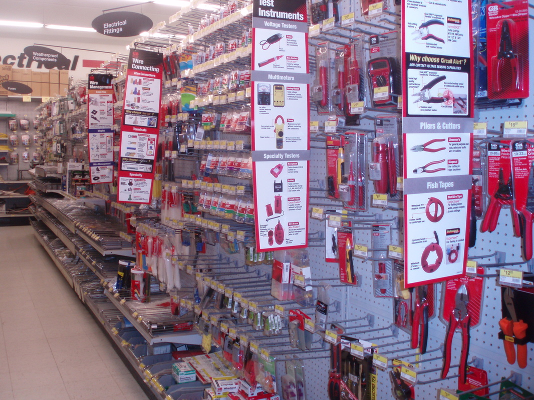 Electrical aisle; strippers, wire nuts, zip ties, electrical outlets